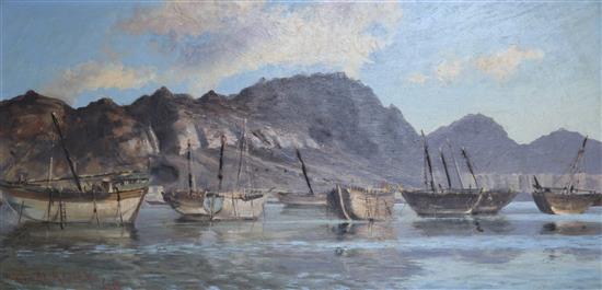 A* S* Alagily (20th century), oil on board, ships off Aden, signed and dated 66, 39 x 80cm